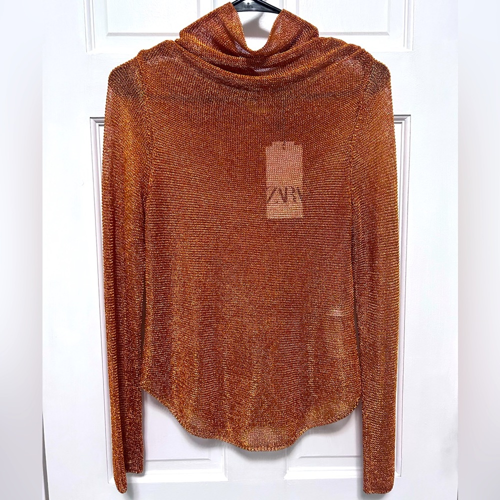 🔥NWT🔥 ZARA Sexy Metallic Mesh Turtleneck Sweater W KeyHole and Back Buttons🔥